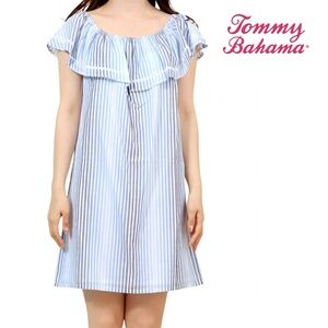 Tommy Bahama Ruffled Cotton Dress Tunic On Off Shoulder White Blue Stripe